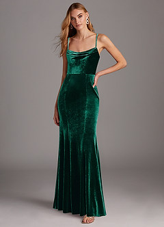 Azazie Solange Bridesmaid Dresses Emerald Sheath Pleated Velvet Dress image1