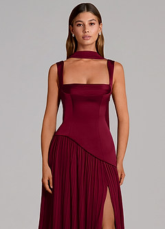 Azazie Stephanie Bridesmaid Dresses Burgundy A-Line Pleated Stretch Satin Dress image6