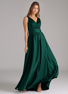 Azazie Kora Bridesmaid Dresses Emerald A-Line Pleated Stretch Satin Dress image4