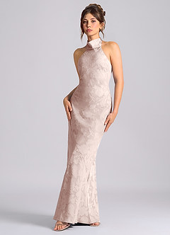 Azazie Velli Vestidos de damas de honor Vestido de Rosa Rubor de Devorado Floral de Corte Sirena con Cuello Alto image1