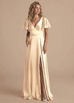 Azazie Kimber Bridesmaid Dresses Gold A-Line Ruched Metallic Satin Dress image5