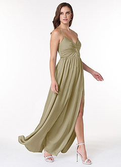 Azazie Raya Vestidos de damas de honor Vestido de Musgo Verde de Satén Elástico de Corte en A con Cuello en V Plisado image4