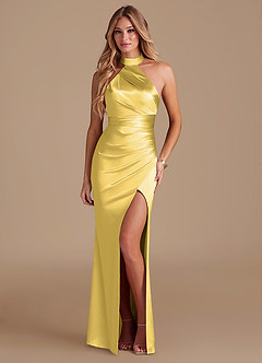 Azazie Karlotta Jurken voor bruidsmeisjes Jurk van Metaalachtig Satijn met Kolom Geplooid Kanarie image1