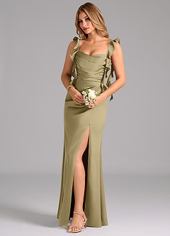 Azazie Jessamine Bridesmaid Dresses Moss Green A-Line Corset Stretch Satin Dress image1