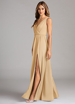 Azazie Tanicia Bridesmaid Dresses Gold A-Line Pleated Stretch Satin Dress image5