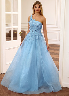 Felicite Sky Blue Floral A-line Tulle Sequin One Shoulder Glitter Prom Dress image5