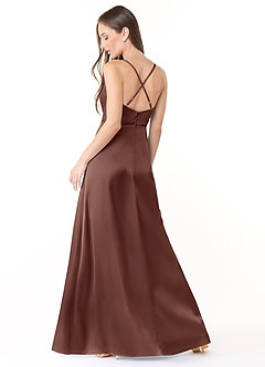 Azazie Naomie At-home Try On Dresses Terracotta A-Line Cowl Neckline Side Slit Stretch Satin Dress image2