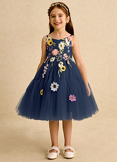 Azazie Osea Flower Girl Dresses Dark Navy Ball-Gown Pleated Tulle Dress image4