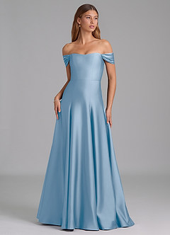 Azazie Seriana Robes de demoiselle d'honneur Robe Trapèze Convertible en Satin extensible Épaule décolletée Poudre Bleue image1