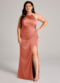 Azazie Jemma Robes de demoiselle d'honneur Robe Fourreau en Satin extensible Plissée Rose Saumon image10