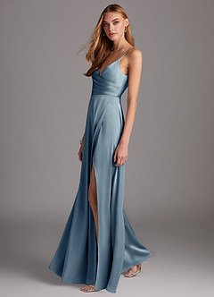 Azazie Calissa Bridesmaid Dresses Dusty Blue A-Line V-Neck Pleated Stretch Satin Dress image4