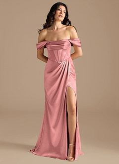 Azazie Lynden Bridesmaid Dresses Rosette Sheath Off the Shoulder Metallic Satin Convertible Dress image1
