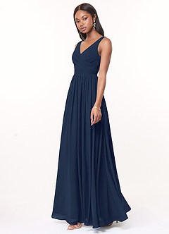 Azazie Keyla Bridesmaid Dresses Dark Navy A-Line V-Neck Pleated Chiffon Dress image2