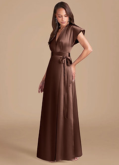 Azazie Nico Bridesmaid Dresses Espresso A-Line Pleated Metallic Satin Dress image3
