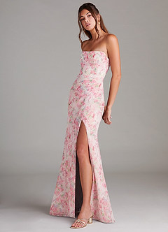 Azazie Leonis Bridesmaid Dresses Abstract Watercolor Floral Sheath Strapless Chiffon Convertible Dress image3