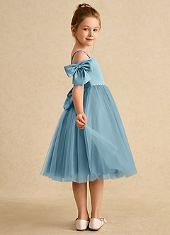 Azazie Amie Flower Girl Dresses Moody Blue A-Line Off the Shoulder Matte Satin Dress image6