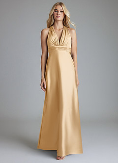 Azazie Raelynn Brudtärnklänningar Klä av A-Linje i Stretch Satin Plisserad Guld image4