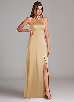 Azazie Elliana Bridesmaid Dresses Gold A-Line Side Slit Stretch Satin Dress image3