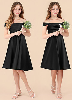 Azazie Amira Junior Black A-Line Pleated Stretch Satin Dress image1