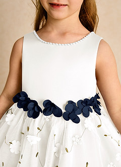 Azazie Starri Abiti da Ragazza di Fiori Abito Principessa in Raso Opaco Perline Avorio Blu Scuro image8