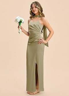 Azazie Calandra Junior Moss Green Sheath Pleated Stretch Satin Dress image3