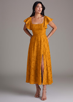 Azazie Bondi Brautjungfernkleider A-Linie Gestreift Blumen-Burnout Kleid Butterscotch image1