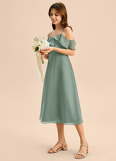 Azazie Kamilla Junior Silver Sage A-Line Off the Shoulder Chiffon Dress image3