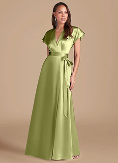 Azazie Nico Brautjungfernkleider A-Linie Plissee Metallischer Satin Kleid Pistazie image1