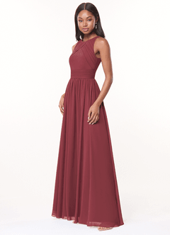 Azazie Harper Vestidos de damas de honor Vestido de Merlot de Gasa de Corte en A con Plisado image3