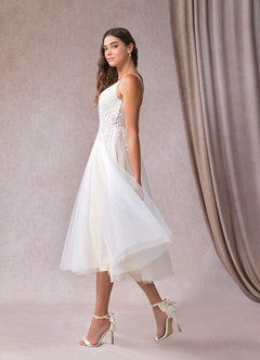 Azazie Liana Wedding Dresses A-Line V-Neck Sequins Tulle Tea-Length Dress image3