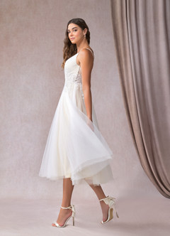 Azazie Liana Wedding Dresses Diamond White Champagne A-Line V-Neck Sequins Tulle Dress image3