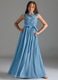 Azazie Elly Junior Jurk van Chiffon met A-Lijn Kant Staal Blauw image3
