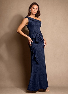 Azazie Hamptons Mother of the Bride Dresses Dark Navy A-Line Pleated Floral Burnout Dress image4