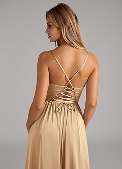Azazie Aaida Bridesmaid Dresses Champagne A-Line Corset Stretch Satin Dress image2