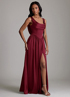 Azazie Novi Robes de demoiselle d'honneur Robe Trapèze en Satin extensible Avec poches Bourgogne image5