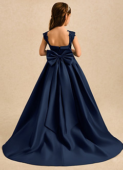 Azazie Genie Flower Girl Dresses Dark Navy Ball-Gown Off the Shoulder Matte Satin Dress image2