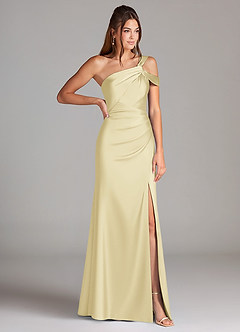 Azazie Wynter Bridesmaid Dresses Lemon Sorbet Sheath One Shoulder Stretch Satin Dress image4