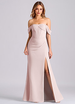 Azazie Joanne Bridesmaid Dresses Blushing Pink Mermaid Off the Shoulder Chiffon Dress image1
