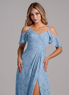 Azazie Dakota Bridesmaid Dresses Powder Blue A-Line Off the Shoulder Floral Burnout Dress image3