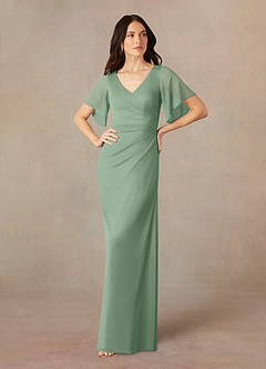 Azazie Selah At-home Try On Dresses Agave A-Line V-Neck ruched Mesh Dress image1