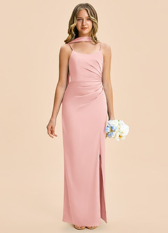 Azazie Calandra Junior Powder Pink Sheath Pleated Stretch Satin Dress image1