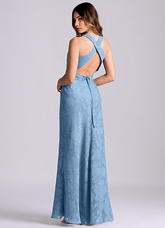 Azazie Evadne Final Sale Steel Blue Sheath Pleated Floral Burnout Dress image2