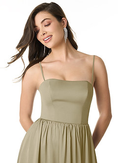 Azazie Morana Jurken voor bruidsmeisjes Converteerbaar Jurk van Stretch Satijn met A-Lijn Off the Shoulder Mosgroen image2