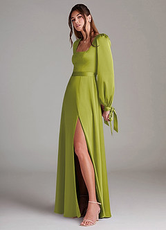 Azazie Leonia Jurken voor bruidsmeisjes Jurk van Stretch Satijn met A-Lijn Lange mouw Citroengras image5