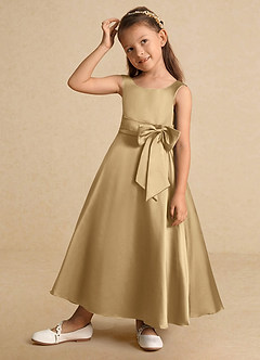 Azazie Lindy Flower Girl Dresses Gold A-Line Pleated Matte Satin Dress image4