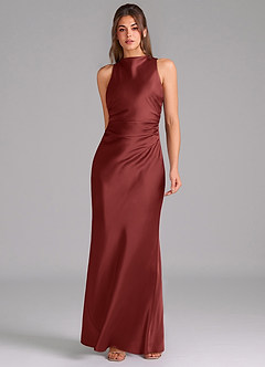 Azazie Evadne Bridesmaid Dresses Terracotta Sheath Pleated Stretch Satin Dress image3