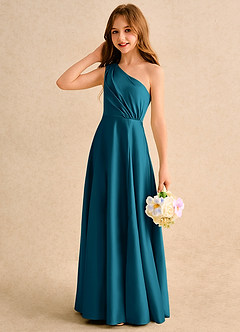 Azazie Puddles Girls Formal Abiti da Ragazza di Fiori Abito A-Line in Raso Opaco Monospalla Blu Inchiostro image6
