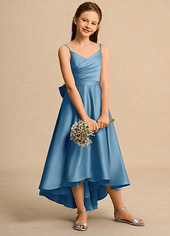 Azazie Sweets Junior Formal Jurken voor bloemenmeisjes A-Lijn Jurk van Mat Satijn Geplooid Staal Blauw image5