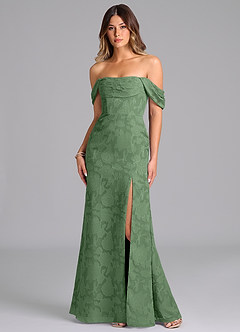 Azazie Saige Bridesmaid Dresses Eucalyptus A-Line Off the Shoulder Floral Burnout Convertible Dress image1