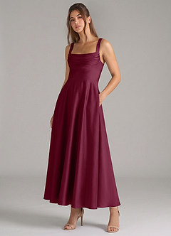 Azazie Shaude Bridesmaid Dresses Mulberry A-Line Pleated Stretch Satin Dress image5
